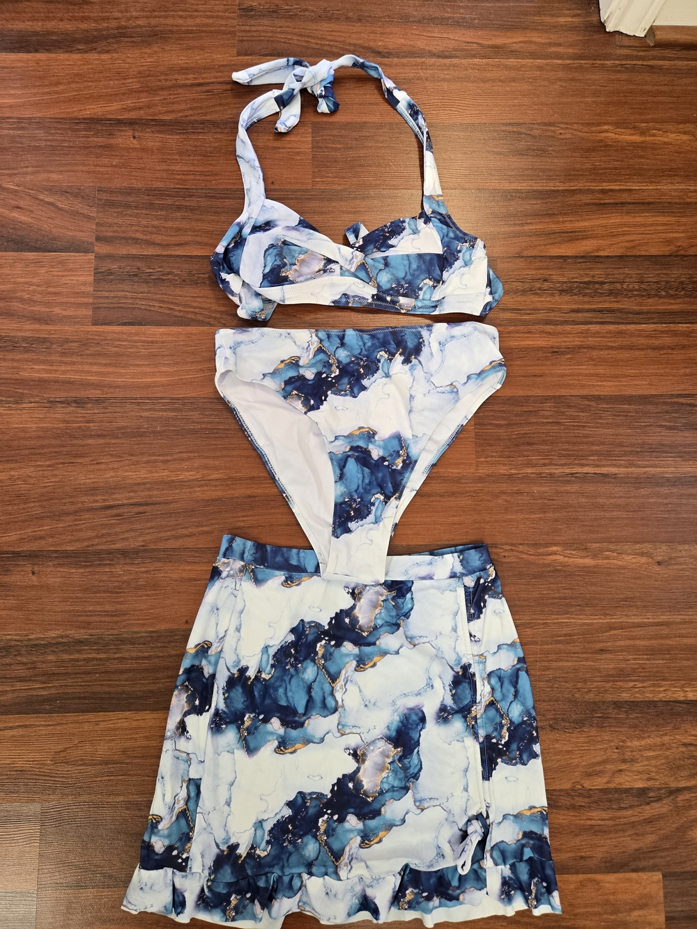 Blue Marble Print Bikini Set with Skirt - Women's Swimwear Size Large NWT